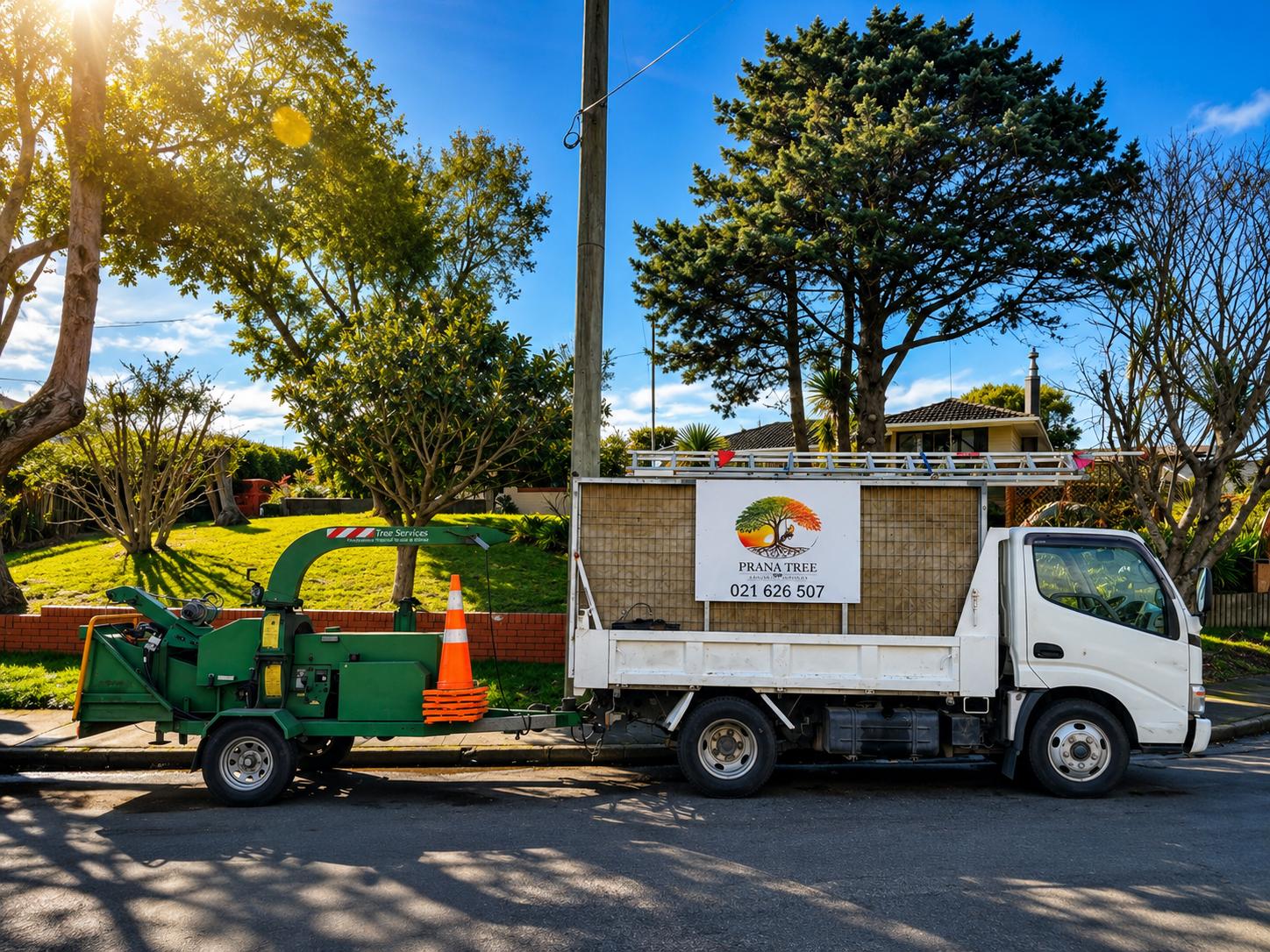 Prana Tree arborist truck and chipper on a Wellington street